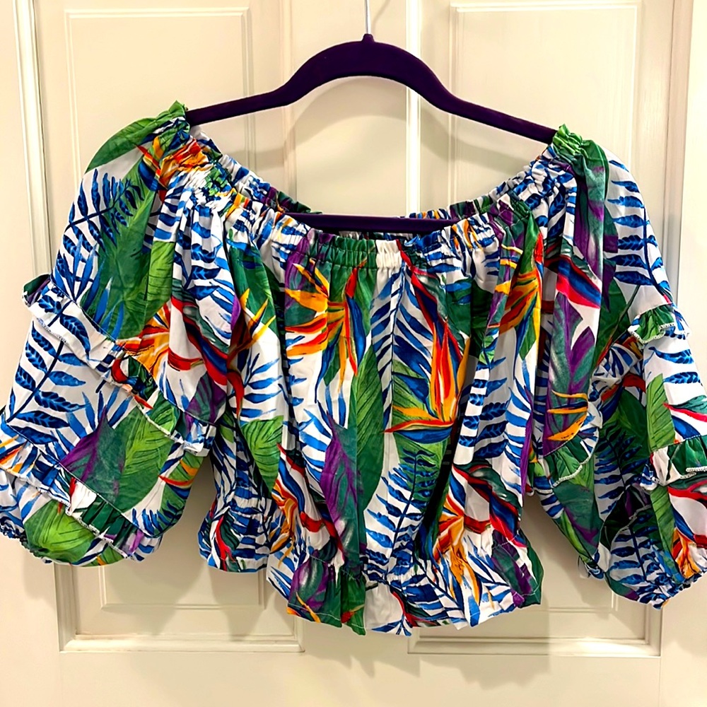 NWT Rachel Zoe Tropical print off the shoulder cropped blouse size S